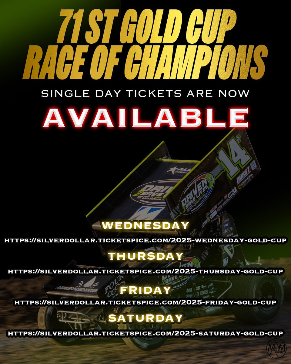 Silver Dollar Speedway (@sdspeedway) on Twitter photo SINGLE DAY TICKETS FOR GOLD CUP 71 ARE NOW AVAILABLE
WEDNESDAY
silverdollar.ticketspice.com/2025-wednesdayโฆ
THURSDAY
silverdollar.ticketspice.com/2025-thursday-โฆ
FRIDAY
silverdollar.ticketspice.com/2025-friday-goโฆ
SATURDAY
silverdollar.ticketspice.com/2025-saturday-โฆ
More details at SilverDollarSpeedway.com
#GoldCup SINGLE DAY TICKETS FOR GOLD CUP 71 ARE NOW AVAILABLE
WEDNESDAY
silverdollar.ticketspice.com/2025-wednesdayโฆ
THURSDAY
silverdollar.ticketspice.com/2025-thursday-โฆ
FRIDAY
silverdollar.ticketspice.com/2025-friday-goโฆ
SATURDAY
silverdollar.ticketspice.com/2025-saturday-โฆ
More details at SilverDollarSpeedway.com
#GoldCup