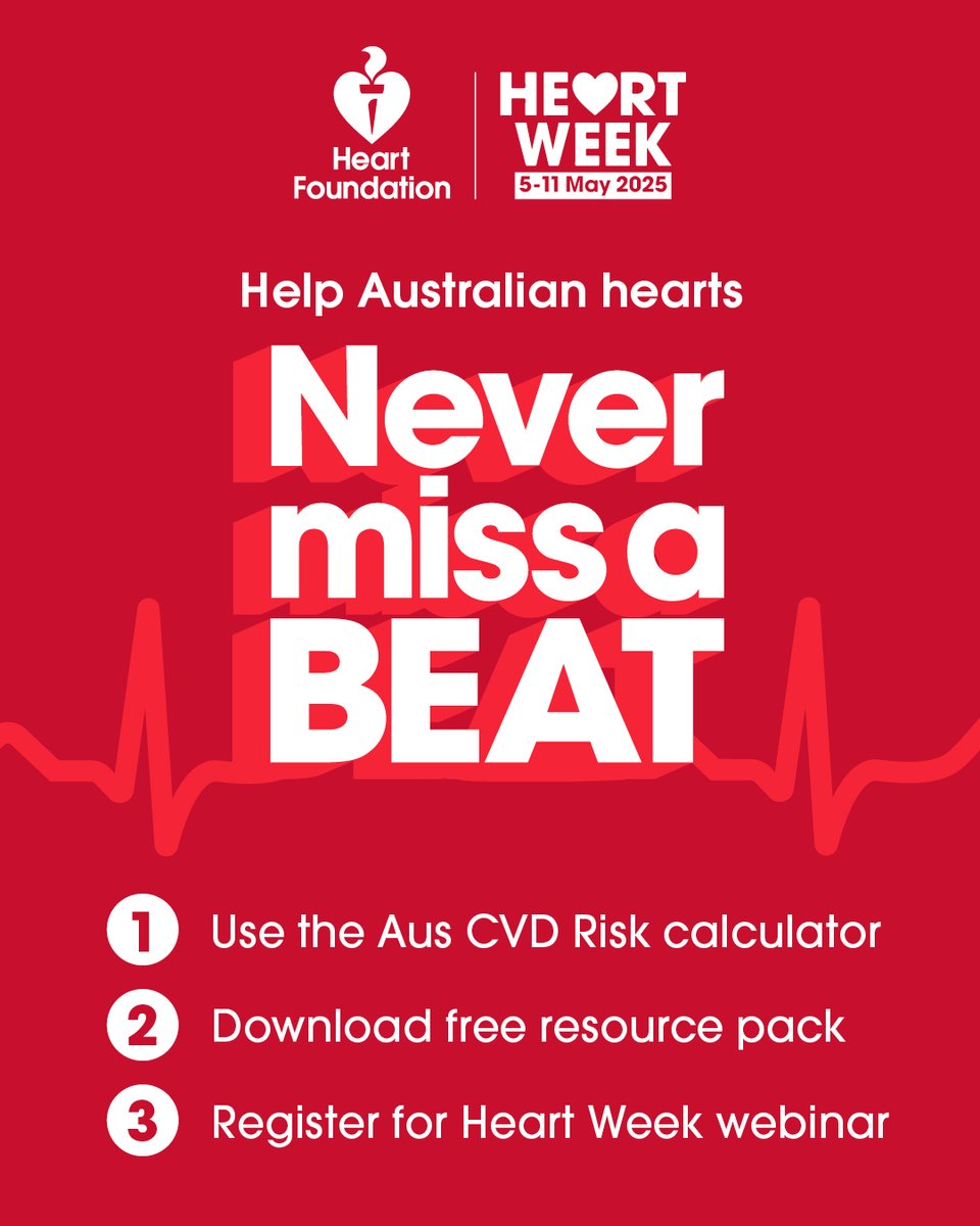 🚨One Australian has a heart attack or stroke every 4 minutes. ❤️The @Heart Foundation &amp; @Hearts4heart urge everyone to book a Heart Health Check with their GP this Heart Week (5–11 May).  Never Miss a BEAT 👉 lnkd.in/ezNGDsZU #hearts4heart #NeverMissABeat #HeartHealth