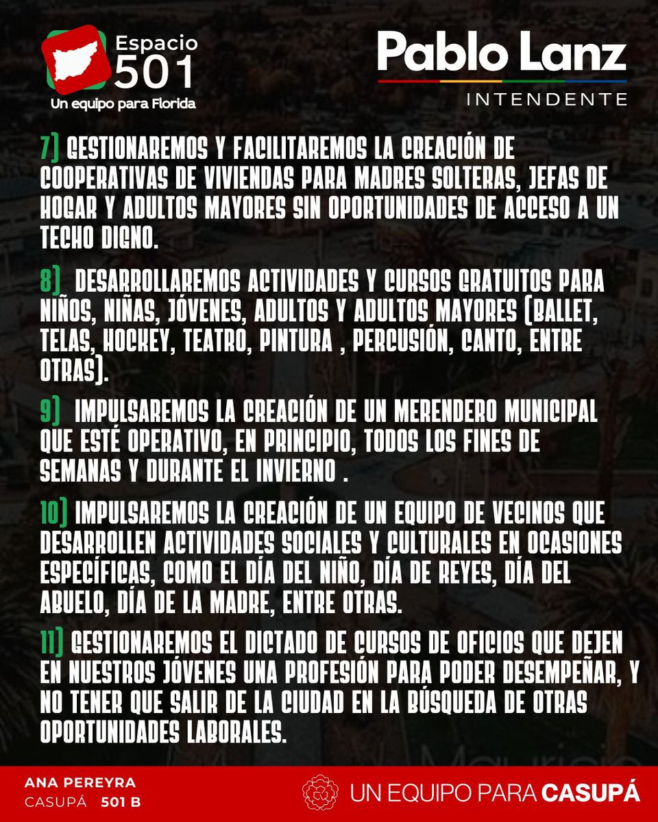 ¡11 propuestas para transformar Casupá!  

Junto a Ana Pereyra, desde la 501B, presentamos un plan de cercanía, trabajo y oportunidades para todas las familias de Casupá.