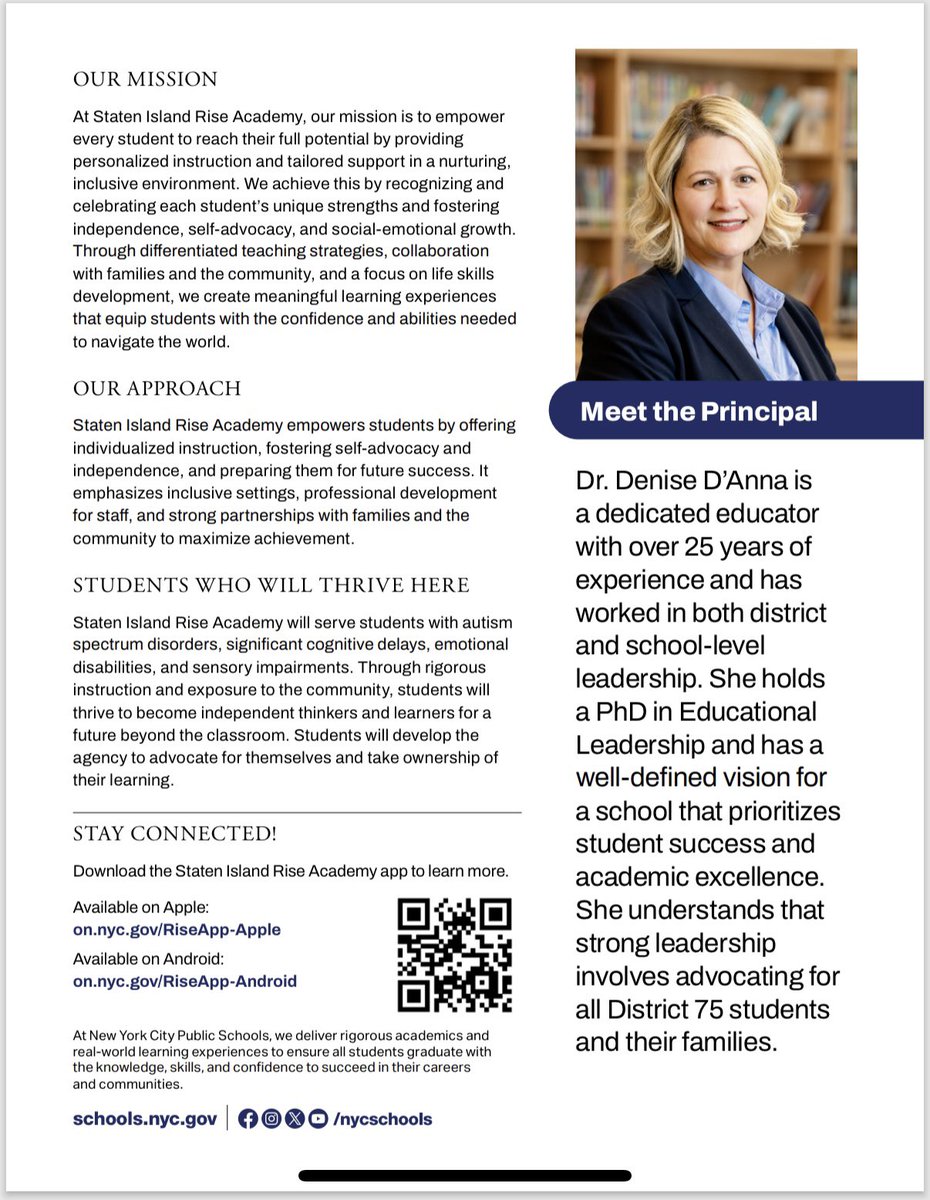 Dr. Denise D’Anna (@drdenisedanna) on Twitter photo So excited to announce the newest District 75 school opening this Fall, Staten Island Rise Academy, P089R! I’m the proud founding principal and looking forward to meeting the students and their families! <a href="/DOEChancellor/">Chancellor Melissa Aviles-Ramos</a> <a href="/d75council/">Citywide Council for District 75</a> So excited to announce the newest District 75 school opening this Fall, Staten Island Rise Academy, P089R! I’m the proud founding principal and looking forward to meeting the students and their families! <a href="/DOEChancellor/">Chancellor Melissa Aviles-Ramos</a> <a href="/d75council/">Citywide Council for District 75</a>