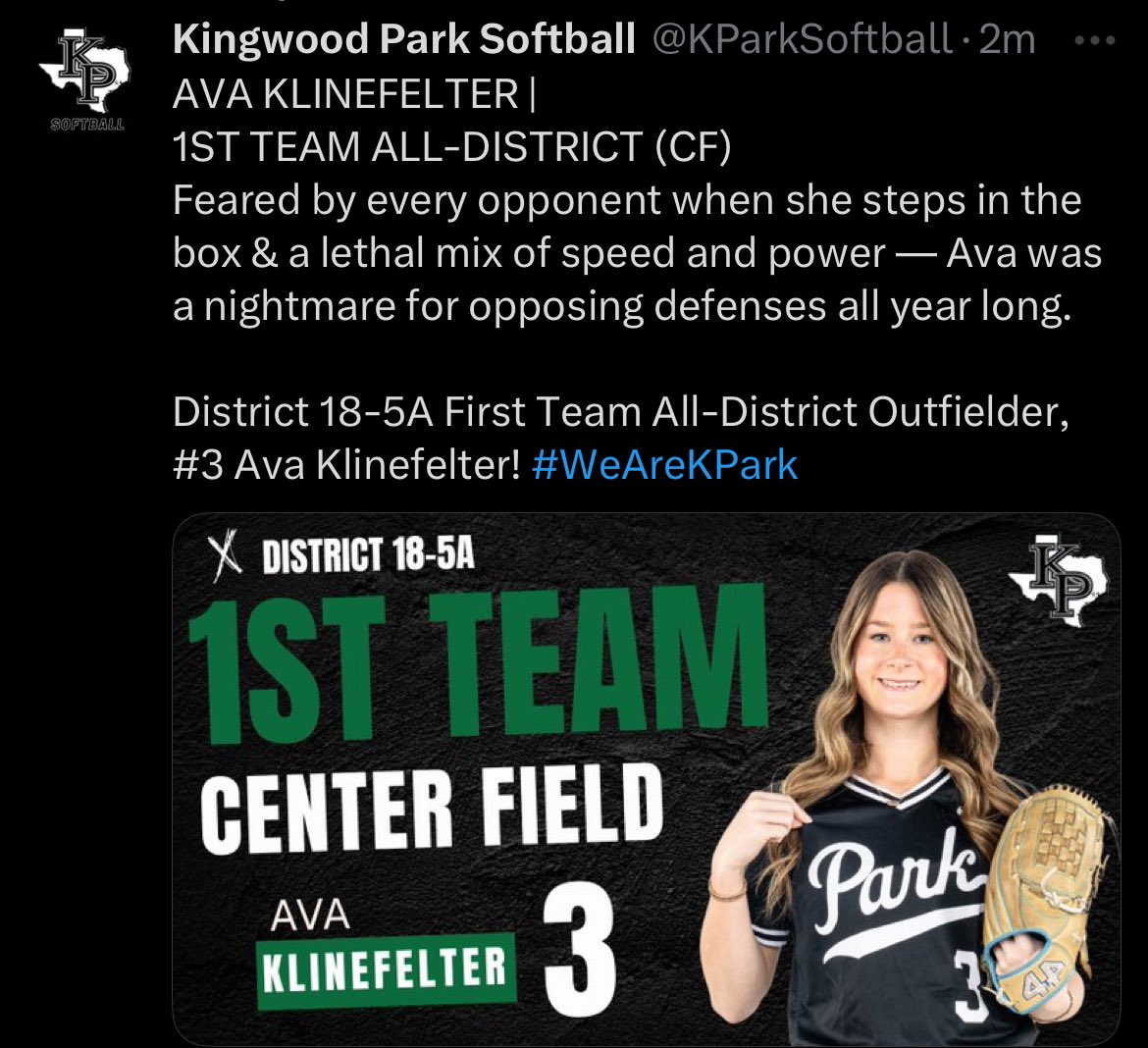 Ava Klinefelter 2026 (@avaklinefelter3) on Twitter photo I am honored to be recognized as First Team All District for Centerfield! 💚🖤🤍
<a href="/PlocheckRobert/">Robert Plocheck</a> <a href="/ig_plocheck/">Illusions Gold Elite Plocheck</a> <a href="/IGCoachHickman/">Jacob Hickman</a> <a href="/KParkSoftball/">Kingwood Park Softball</a>
<a href="/CoachGregoryKP/">Coach Lacy Gregory</a> <a href="/CoachGregory_/">Coach Greg</a> <a href="/GerryGlasco/">Gerry Glasco</a> <a href="/CoachVeach/">Hunter Veach</a> <a href="/sfa_softball/">SFA Softball</a> <a href="/coachkoons/">Jo Koons</a> <a href="/TKrobetzky/">Tyler Krobetzky</a> <a href="/la_techSBCoachT/">Taylor Josh</a> <a href="/paytonfoster5/">Payton Foster</a> I am honored to be recognized as First Team All District for Centerfield! 💚🖤🤍
<a href="/PlocheckRobert/">Robert Plocheck</a> <a href="/ig_plocheck/">Illusions Gold Elite Plocheck</a> <a href="/IGCoachHickman/">Jacob Hickman</a> <a href="/KParkSoftball/">Kingwood Park Softball</a>
<a href="/CoachGregoryKP/">Coach Lacy Gregory</a> <a href="/CoachGregory_/">Coach Greg</a> <a href="/GerryGlasco/">Gerry Glasco</a> <a href="/CoachVeach/">Hunter Veach</a> <a href="/sfa_softball/">SFA Softball</a> <a href="/coachkoons/">Jo Koons</a> <a href="/TKrobetzky/">Tyler Krobetzky</a> <a href="/la_techSBCoachT/">Taylor Josh</a> <a href="/paytonfoster5/">Payton Foster</a>