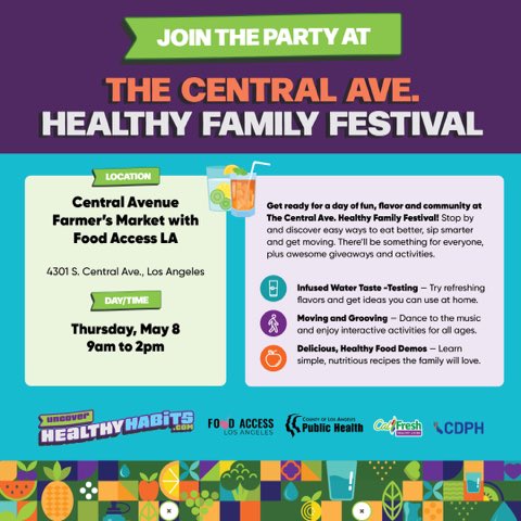 Brotherhood Crusade (@bcrusade) on Twitter photo Join us at the FREE Central Avenue Healthy Family Festival on May 8! 🎉 Enjoy Zumba, infused water tastings, fun activities, giveaways, & food demos the whole family will love. Discover easy ways to eat better, sip smarter, & move more!
Learn more: uncoverhealthyhabits.com Join us at the FREE Central Avenue Healthy Family Festival on May 8! 🎉 Enjoy Zumba, infused water tastings, fun activities, giveaways, & food demos the whole family will love. Discover easy ways to eat better, sip smarter, & move more!
Learn more: uncoverhealthyhabits.com
