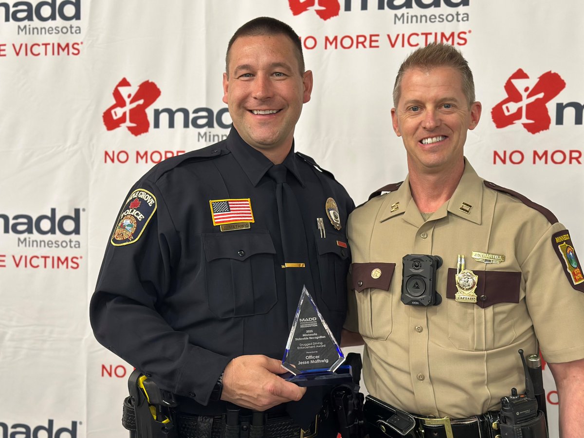 Last week, Officer Jesse Mathwig received the 2025 Minnesota Statewide Recognition Drugged Driving Enforcement Award at the MADD Awards Luncheon ceremony.  The MADD Law Enforcement Recognition Awards event highlights individuals and entities that embrace MADD's mission to end