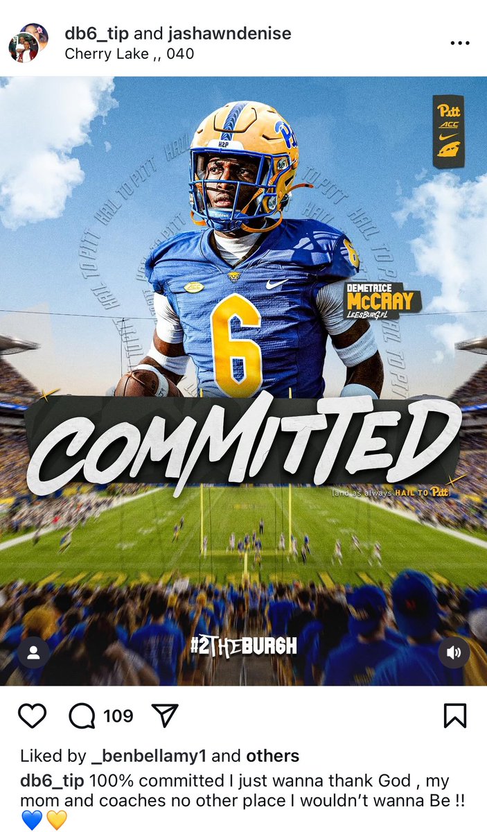 Nathan Breisinger (@natebreisinger) on Twitter photo Pitt has landed a commitment from 3⭐️ WR Demetrice McCray, per his Instagram.
The 6-foot Orlando, Fla. talent picks the Panthers over offers from Mississippi State, Louisville, West Virginia, Ole Miss, UCF and others. Pitt has landed a commitment from 3⭐️ WR Demetrice McCray, per his Instagram.
The 6-foot Orlando, Fla. talent picks the Panthers over offers from Mississippi State, Louisville, West Virginia, Ole Miss, UCF and others.