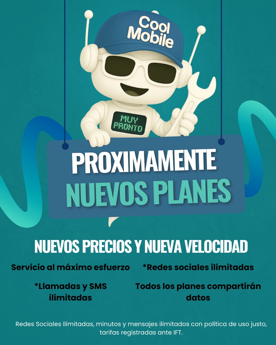 CoolMobile5's tweet photo. ¡Algo grande está por llegar a Cool Mobile!
Prepárate para disfrutar de nuevos planes con mejores precios, mayor velocidad y beneficios ilimitados. 

Nuestro Coolbit ya se está preparando…

Aplican políticas de uso justo. Tarifas registradas ante IFT https://t.co/EwWItKuUBz