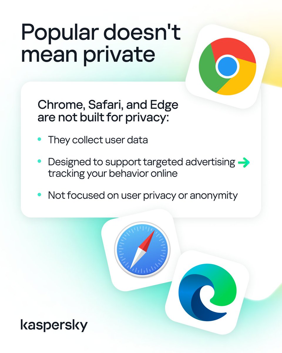 kaspersky's tweet image. Your browser is watching you 👀‼️

#GoogleChrome. #MicrosoftEdge, &amp;amp; more. One by one, they’ve cracked down on ad blockers, embraced fingerprinting, and rewritten the rules, all while pocketing your data.

So, who’s actually on your side? Swipe to uncover the best private…