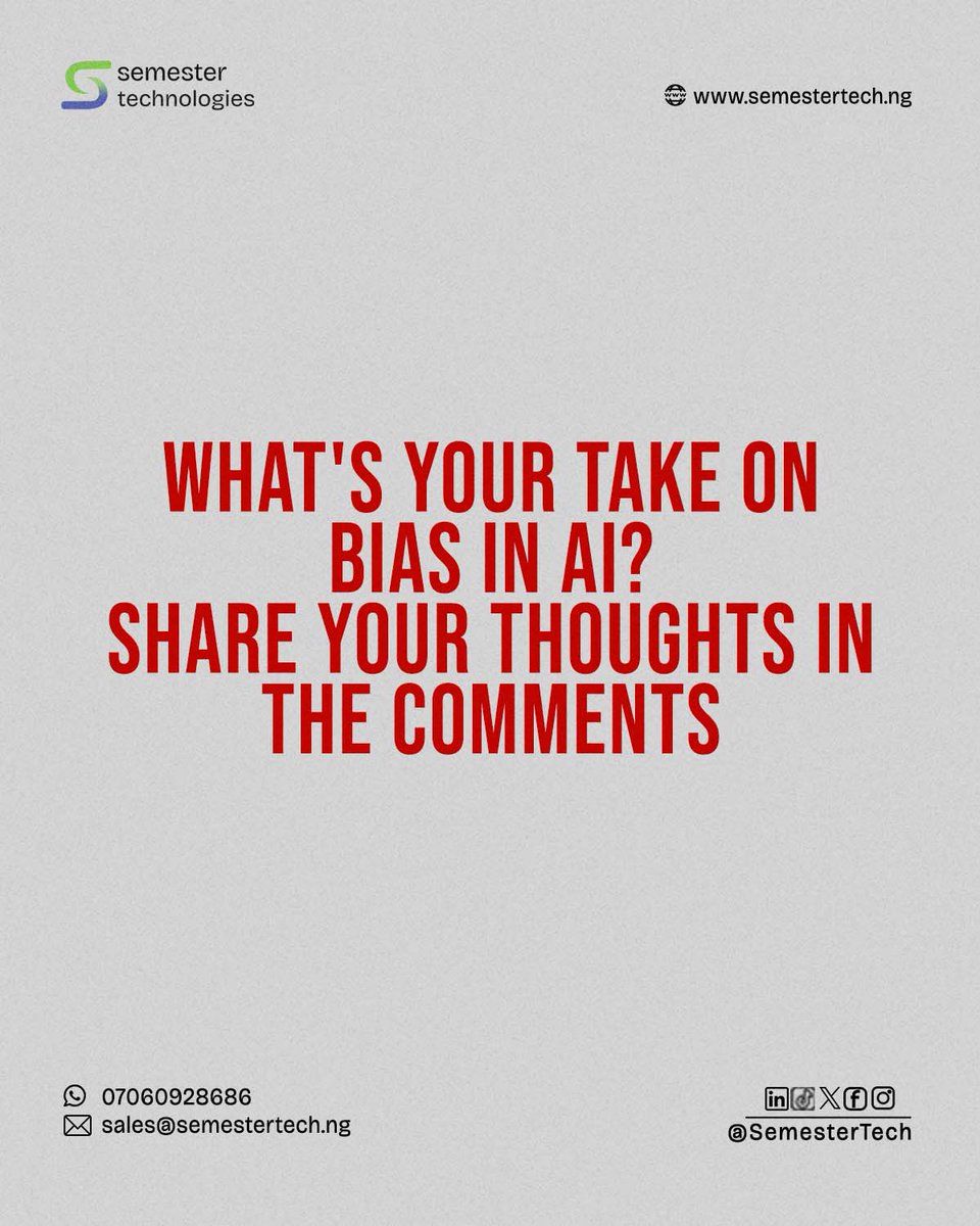 semestertech's tweet image. Building a truly inclusive digital future requires conscious effort and collaboration from all of us.

What other steps do you think are vital for mitigating AI bias? Share your thoughts below! 👇

#InclusiveTech #TechForGood #SemesterTech #Abuja #Nigeria #FutureOfTech #AI