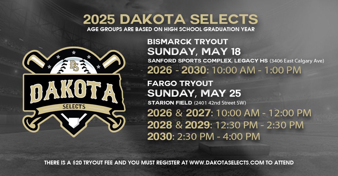 Still time to register for tryouts. 

Click here to register: dakota-selects.sportngin.com/register/form/…