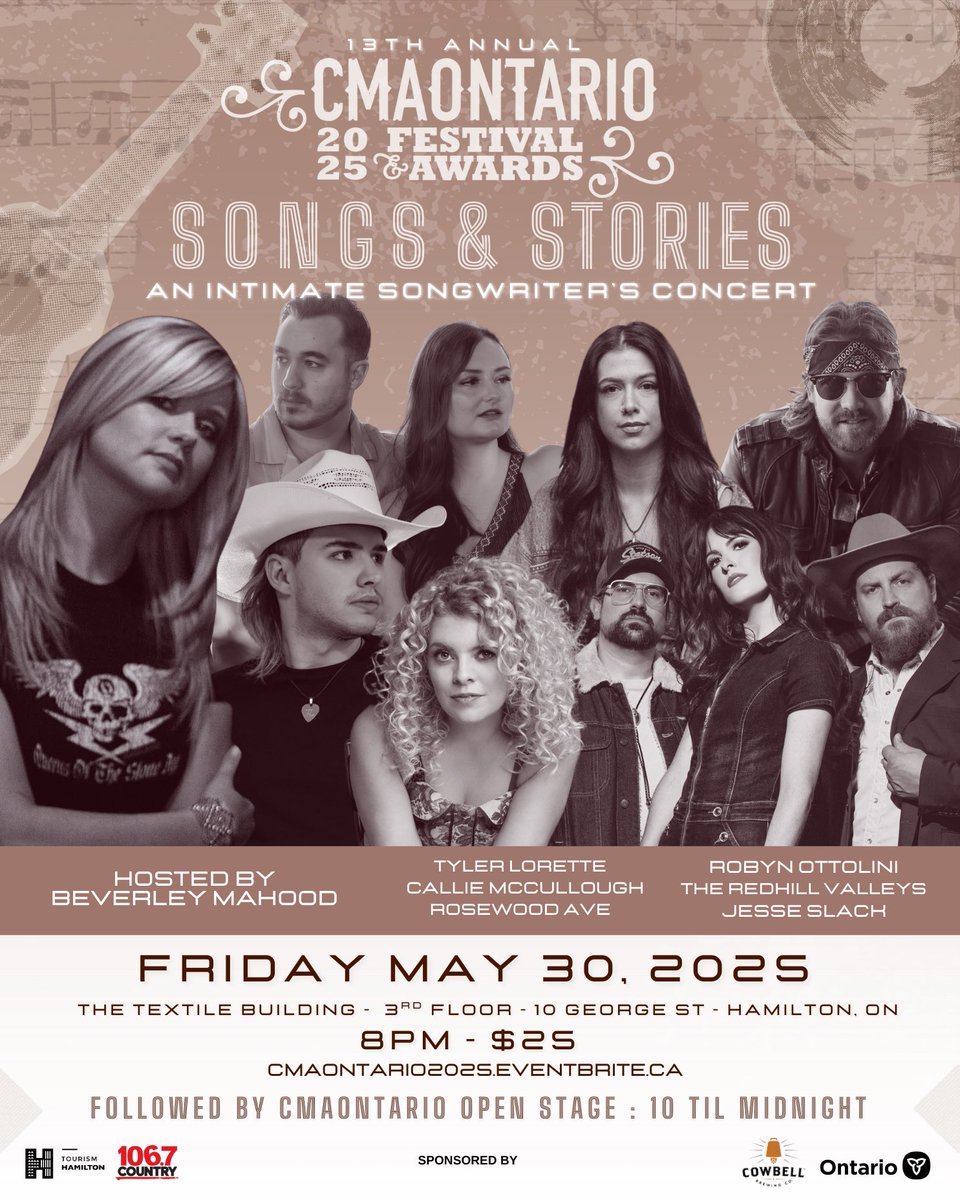 Tyler Lorette (@tylerlorettee) on Twitter photo Honoured to announce that I will be performing at this year’s <a href="/CmaOntario/">CMA Ontario</a> Songs & Stories Songwriter Round ✍🏻 taking place during the Awards & Festival weekend!
🗓Friday, May 30th
📍 The Textile Building, 3rd Floor, Hamtilon
⏰ Doors at 7pm / Show at 8pm
🎟️ Get your tickets now Honoured to announce that I will be performing at this year’s <a href="/CmaOntario/">CMA Ontario</a> Songs & Stories Songwriter Round ✍🏻 taking place during the Awards & Festival weekend!
🗓Friday, May 30th
📍 The Textile Building, 3rd Floor, Hamtilon
⏰ Doors at 7pm / Show at 8pm
🎟️ Get your tickets now