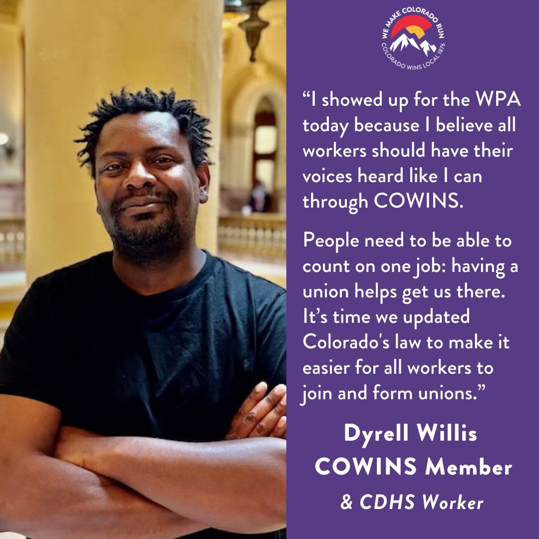 COWINS_union's tweet image. Dyrell joined union members from across CO at the Capitol today to watch the #WorkerProtectionAct pass 2nd reading! 

After 3rd reading tomorrow it&apos;s up to @jaredpolis to side with workers–not billionaires and millionaires–and sign it into law! 

#Coleg #WorkersRights #Union