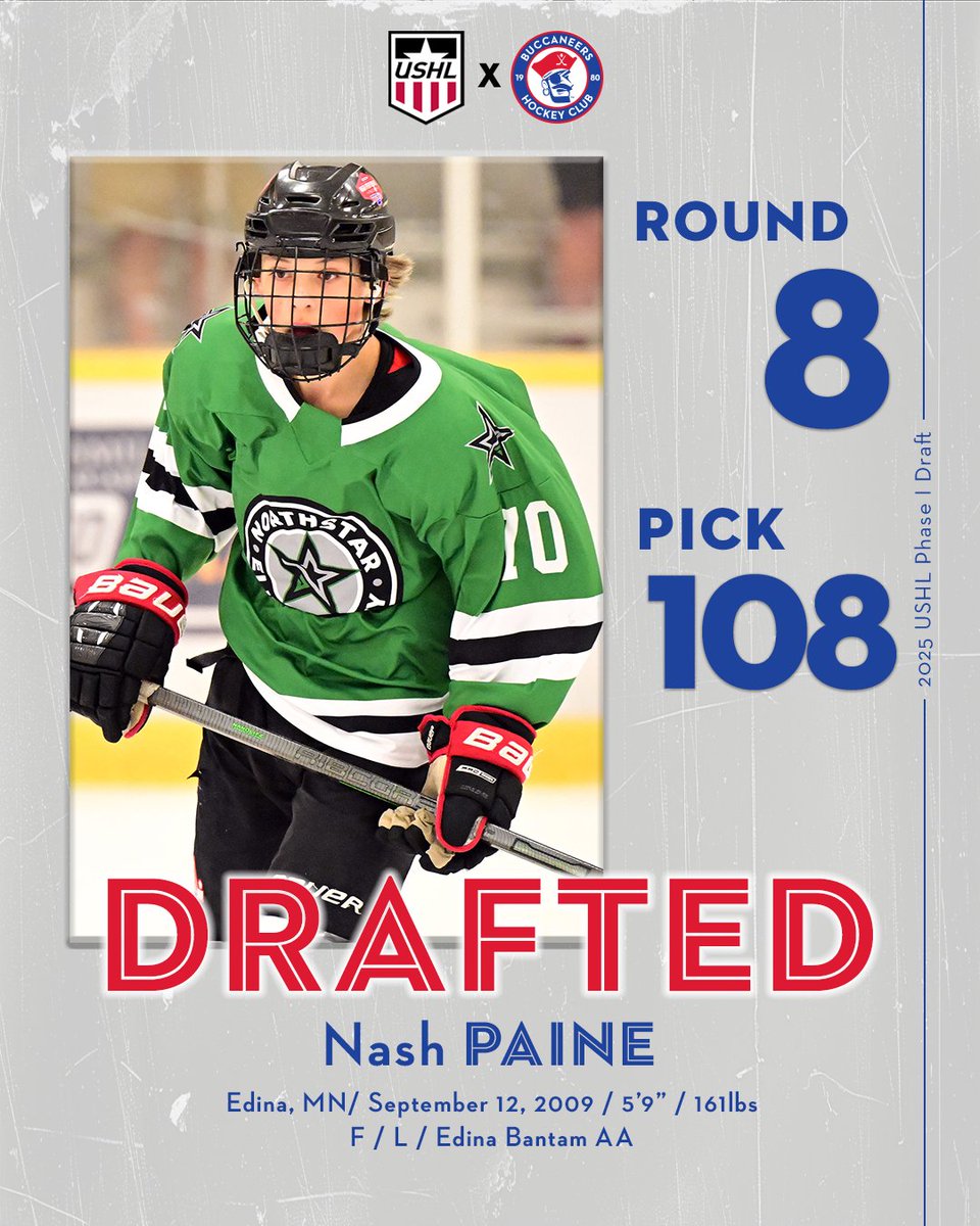 With the 108th pick in the USHL Draft, the Des Moines Buccaneers select Nash Paine from Edina! Welcome to the Bucs! 🏴‍☠️🏒 
#gethooked #ushl