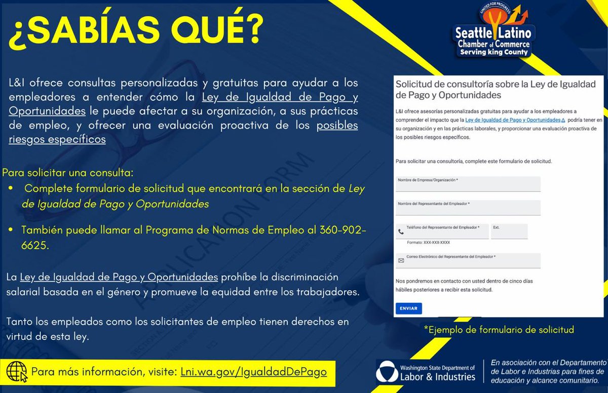 L&amp;I ofrece consultas personalizadas y gratuitas para ayudar a los empleadores a entender cómo la Ley de Igualdad de Pago y Oportunidades le puede afectar a su organización  y ofrecer una evaluación proactiva de los posibles riesgos
Lni.wa.gov/IgualdadDePago