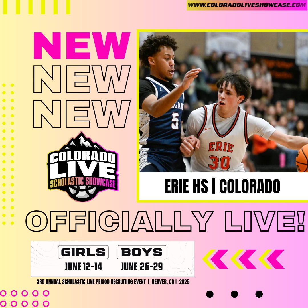 🚨OFFICIALLY LIVE‼️🏀🏔️ 

Welcome back to Colorado Live!!!
@erietigershoops | Erie HS 🏀🔥🔥

Glad to have you on Rocky Mountains Big Stage!!

📍 Denver, CO
📆 June 26-29th
⏳ Boys Registration ends June 6th
💻 ColoradoLiveShowcase.com ⬅️✅

Don’t miss it‼️ Register Today!💫