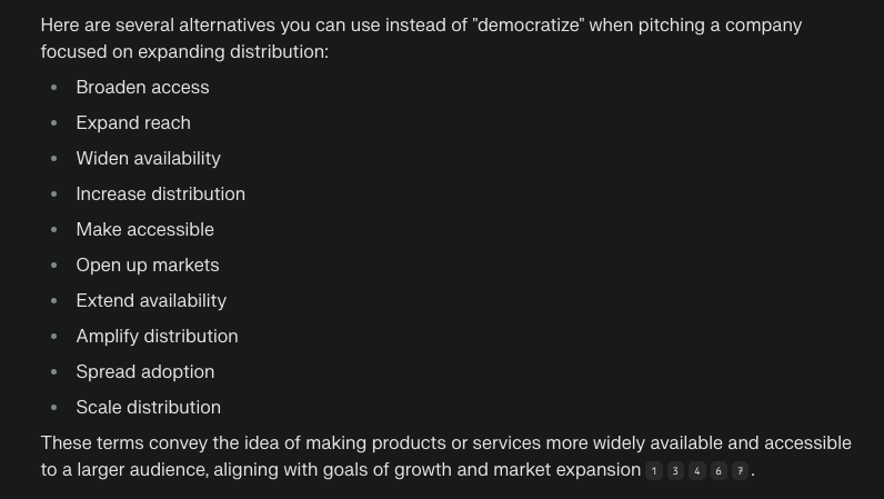 adding value 

things to say instead of "we democratize x"