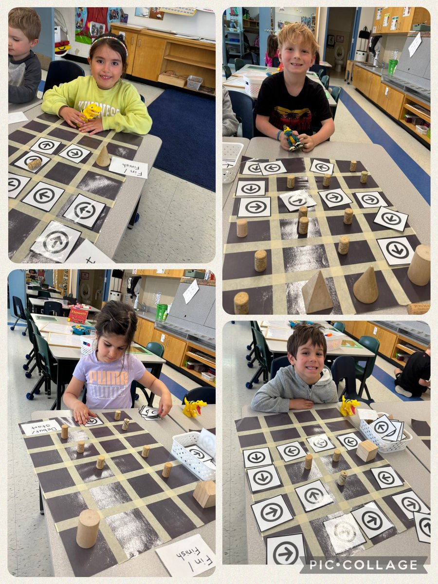 grefrench's tweet image. Which 3D shape will the dinosaur code a pathway to?!?! Can the dinosaur avoid all of the obstacles in its way???🦕🦖⬇️⬆️➡️ @StGregoryOCSB #ocsbMath #ocsbKindergarten #unpluggedcoding #ocsbPlay #ocsb