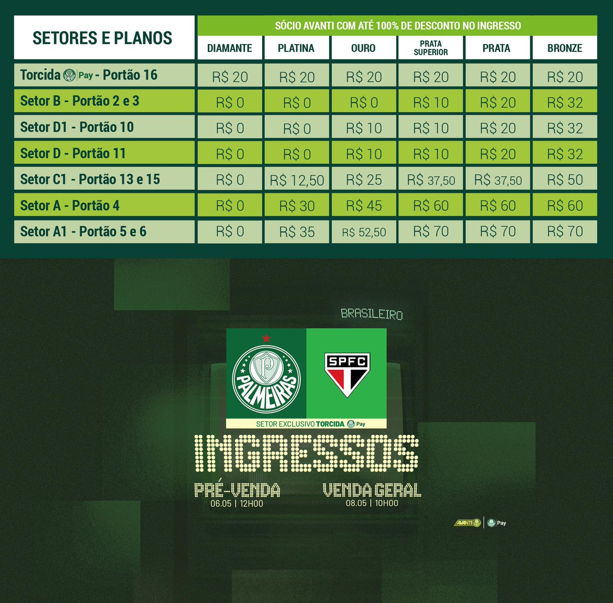 🎟️ Com valores a partir de R$ 20, os ingressos para o clássico contra o São Paulo estarão à venda exclusivamente para sócios Avanti a partir de terça (06), às 12h, pelo site 👉 ingressospalmeiras.com.br.

🗓️ Domingo (11), 17h30
📍 Arena Barueri
⚽ 8ª rodada do Brasileirão

Para