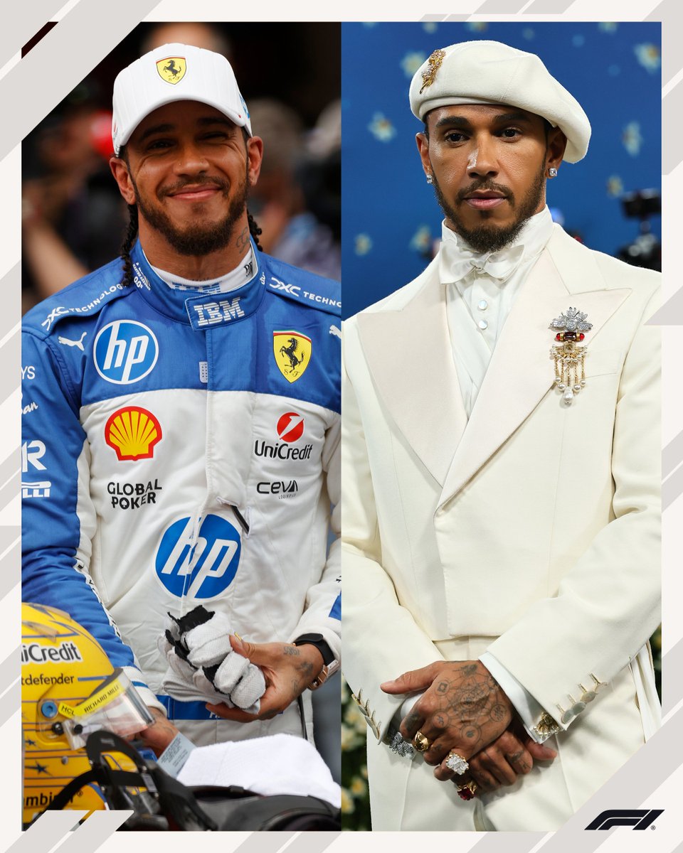 F1's tweet photo. Race ready on Sunday. Met magic on Monday. ✨

@LewisHamilton trades his race suit for a fitted suit as Met Gala co-chair!

#F1 https://t.co/Ki5uPjpLty