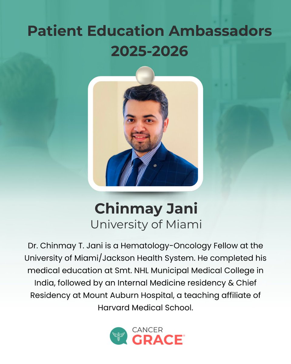 GRACE (@cancergrace) on Twitter photo Please join us in welcoming another bright star to our 2025-2026 Patient Education Ambassadors Program: Dr. <a href="/Jani_Chinmay/">Chinmay Jani</a> ! 🌟
Dr. Jani is a Hematology-Oncology Fellow at the University of Miami/Jackson Health System. His research in Thoracic and Genitourinary Oncology, Please join us in welcoming another bright star to our 2025-2026 Patient Education Ambassadors Program: Dr. <a href="/Jani_Chinmay/">Chinmay Jani</a> ! 🌟
Dr. Jani is a Hematology-Oncology Fellow at the University of Miami/Jackson Health System. His research in Thoracic and Genitourinary Oncology,