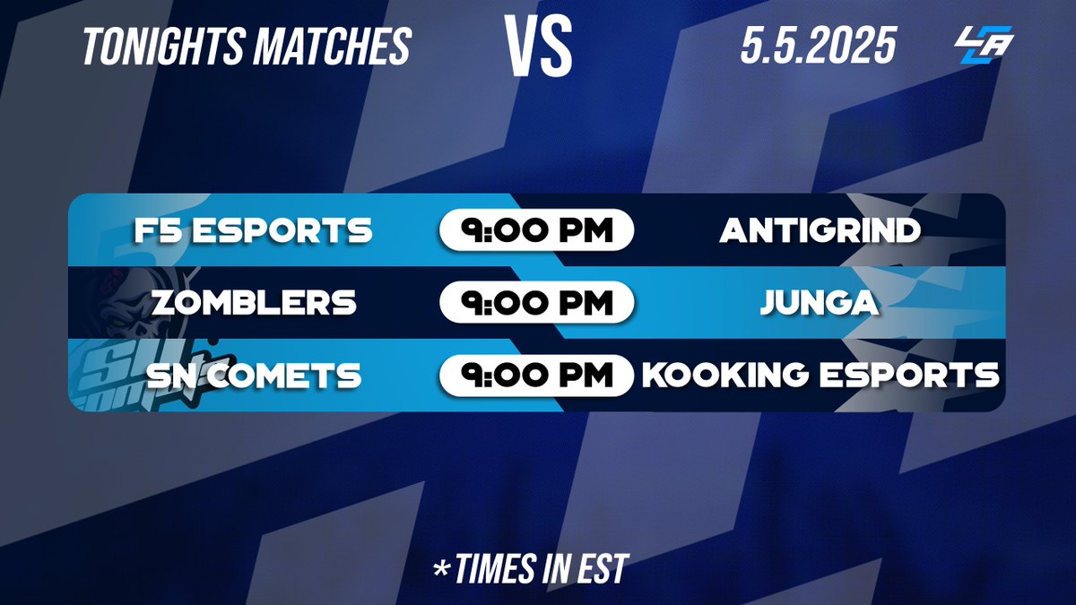 LCA Broadcasting (@lcabroadcasting) on Twitter photo ๐จ Tonight's Matches Covered by LCA!๐จ
โ๏ธ <a href="/F5_HQs/">F5 Esports</a> VS Antigrind
๐๏ธ <a href="/cashmmt/">CashMMT</a>
โ๏ธ <a href="/Zomblers/">Zomblers LLC</a> VS Junga
๐๏ธ <a href="/ynoTCS2/">ynoT</a>
โ๏ธ <a href="/SNComets/">Supernova Comets</a> VS KookingEsports
๐๏ธ <a href="/cernersandals/">Conner Rhodes</a>
๐: IN REPLIES ๐จ Tonight's Matches Covered by LCA!๐จ
โ๏ธ <a href="/F5_HQs/">F5 Esports</a> VS Antigrind
๐๏ธ <a href="/cashmmt/">CashMMT</a>
โ๏ธ <a href="/Zomblers/">Zomblers LLC</a> VS Junga
๐๏ธ <a href="/ynoTCS2/">ynoT</a>
โ๏ธ <a href="/SNComets/">Supernova Comets</a> VS KookingEsports
๐๏ธ <a href="/cernersandals/">Conner Rhodes</a>
๐: IN REPLIES