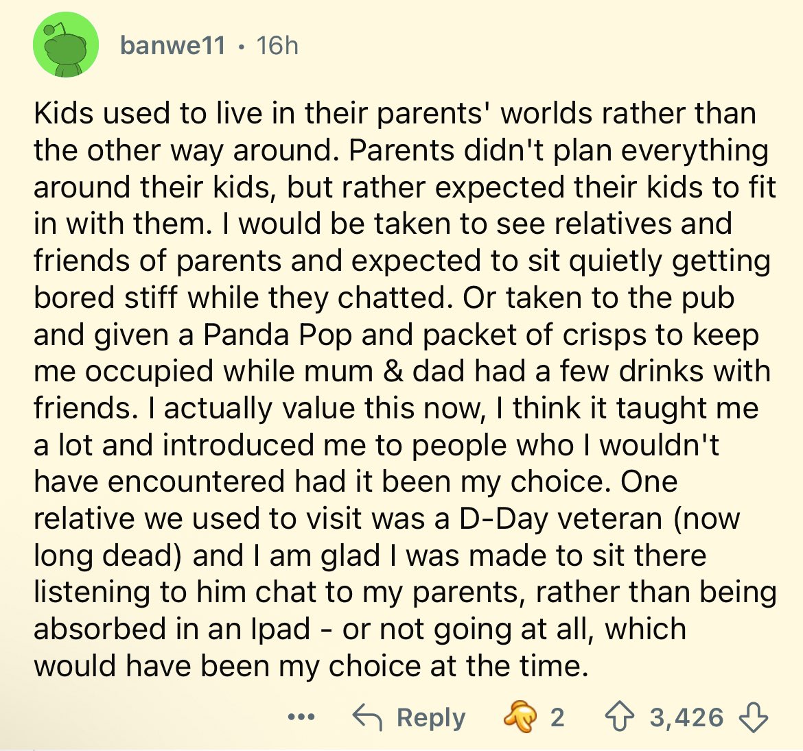 Comment I saw on Reddit that caught my attention. I recall reading a post by Scott Sumner echoing the same sentiment of there being less mixing of adults and kids in his childhood with each operating in their own little world apart from one another.