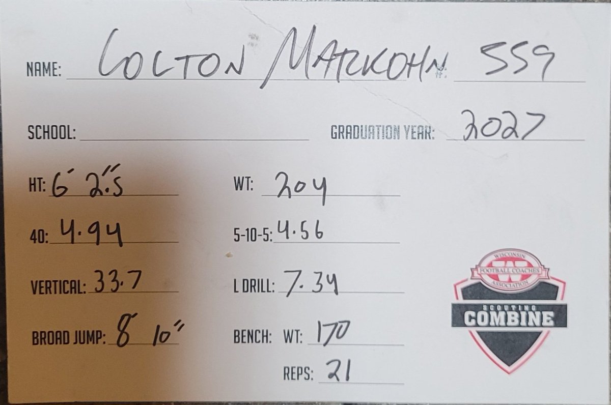 Colton Markohn (@cmarkohn) on Twitter photo Had a great time competing at the WFCA combine this past weekend!
<a href="/MJ_NFLDraft/">Mark Johnson</a> <a href="/travisWSN/">Travis Wilson</a> <a href="/PrepRedzoneWI/">Prep Redzone Wisconsin</a> <a href="/ripplinger_t/">Taylor Ripplinger</a> <a href="/WBW_Football/">West Bend West Football</a> Had a great time competing at the WFCA combine this past weekend!
<a href="/MJ_NFLDraft/">Mark Johnson</a> <a href="/travisWSN/">Travis Wilson</a> <a href="/PrepRedzoneWI/">Prep Redzone Wisconsin</a> <a href="/ripplinger_t/">Taylor Ripplinger</a> <a href="/WBW_Football/">West Bend West Football</a>