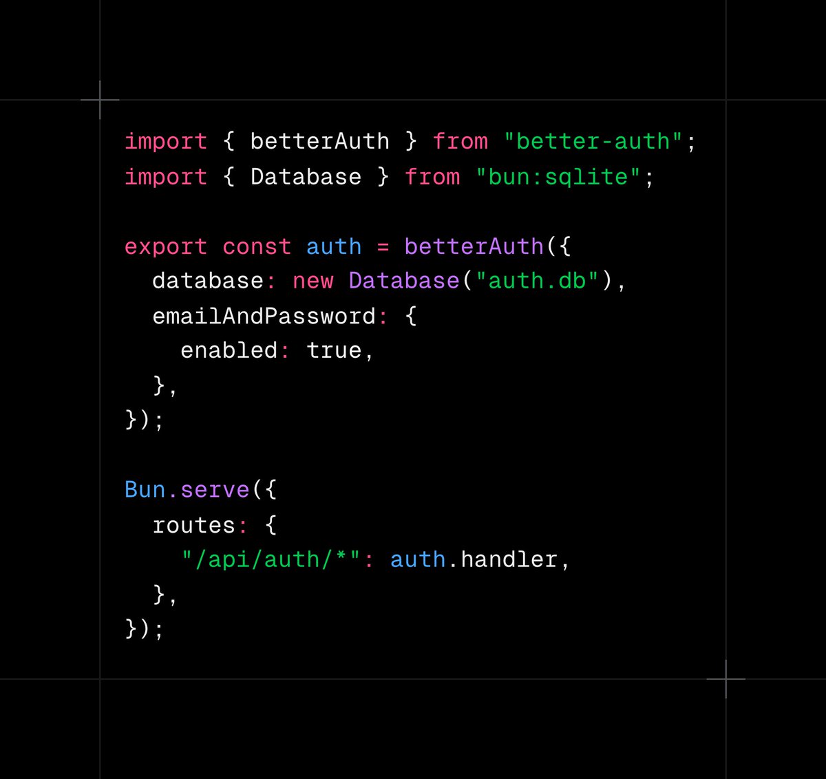 Default Bun SQLite support is coming in v1.2.8

This is literally all you need to run a full blown auth server  :__
