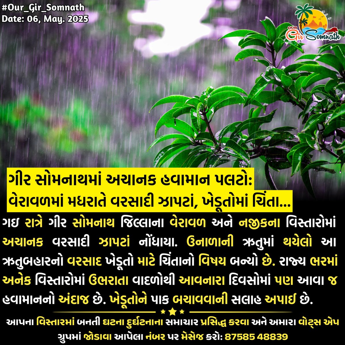 our_gir_somnath's tweet photo. ગીર સોમનાથમાં અચાનક હવામાન પલટો: વેરાવળમાં મધરાતે વરસાદી ઝાપટાં, ખેડૂતોમાં ચિંતા....
#our_gir_somnath
#girsomnath #GirSomnathRain #WeatherUpdate #GujaratiNews #ખેડૂતસમાચાર #raininsummer https://t.co/jrEDI6lLSw