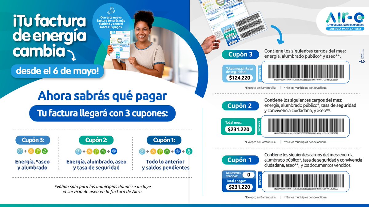 Aire_Energia's tweet photo. 🔴¡Atención! Tu factura de energía cambió y aquí ⬇️ te contamos todo lo que necesitas saber sobre esta nueva forma de pagar tu servicio.
Entérate cómo funcionarán los 3 nuevos cupones de pago.

#FacturaAire https://t.co/HQTTdukJDf