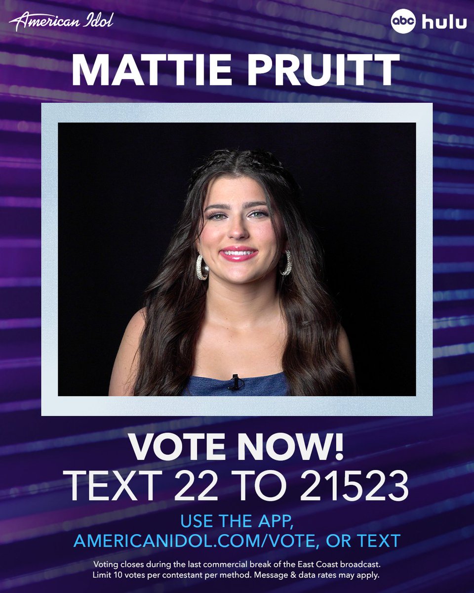 Who wants Mattie Pruitt to make the Top 7?

3️⃣ ways to VOTE NOW:⁣ ⁣⁣⁣⁣⁣⁣⁣⁣⁣ 
🌟Go to americanidol.com/vote⁣⁣⁣⁣⁣⁣⁣⁣⁣⁣⁣ 
🌟Use the #AmericanIdol App ⁣⁣⁣⁣⁣⁣⁣⁣⁣⁣⁣ 
🌟Text 22 to 21523⁣⁣⁣⁣⁣⁣⁣⁣⁣ ⁣⁣⁣⁣⁣⁣⁣ 
Voting closes near the end of the