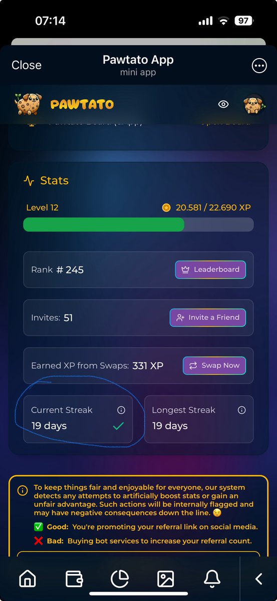 Các bạn đang theo <a href="/PawtatoFinance/">Pawtato Finance | Sui</a> thì nhớ hàng ngày vào checkint, làm các nhiệm vụ và đặt biệt là giao dịch để kiếm điểm XP hàng ngày nhé. cùng khoe thứ hạng của các bạn nào