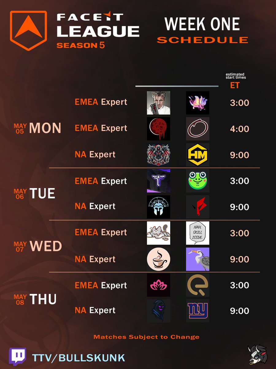 Jeff ๐๐ฆจ (@bullskunk) on Twitter photo It is time for Season 05 of <a href="/FACEIT_OW/">FACEIT Overwatch</a> League
Here is your schedule for week 01.
Master Div will begin May 19th
โฌ๏ธFollow all of our teams!
๐ดttv/bullskunk It is time for Season 05 of <a href="/FACEIT_OW/">FACEIT Overwatch</a> League
Here is your schedule for week 01.
Master Div will begin May 19th
โฌ๏ธFollow all of our teams!
๐ดttv/bullskunk