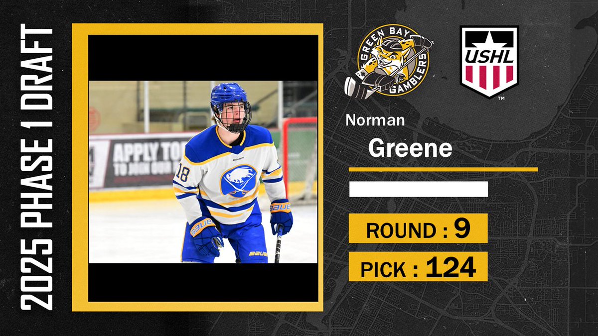 Gamblers select Norman Greene in the 9th round. Greene with the Buffalo Jr. Sabres scored 33 goals and recorded 44 assists last season. #GoGamblers