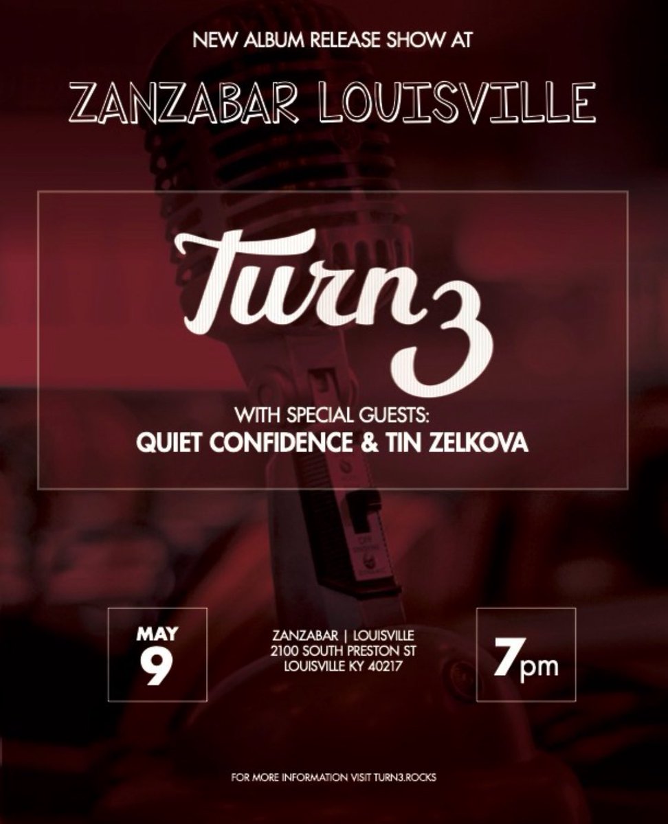 Tin Zelkova (@tinzelkova) on Twitter photo This Friday! We’ll be at Zanzabar supporting Turn3 for their new album release show and also will be joined by Quiet Confidence! Special thanks to Jeff Polk for mentioning the show in <a href="/leoweekly/">Louisville's LEO Weekly</a> 🙌 We take the stage at 8pm. Doors open at 7pm. 18+ Tickets $15. Link in bio This Friday! We’ll be at Zanzabar supporting Turn3 for their new album release show and also will be joined by Quiet Confidence! Special thanks to Jeff Polk for mentioning the show in <a href="/leoweekly/">Louisville's LEO Weekly</a> 🙌 We take the stage at 8pm. Doors open at 7pm. 18+ Tickets $15. Link in bio