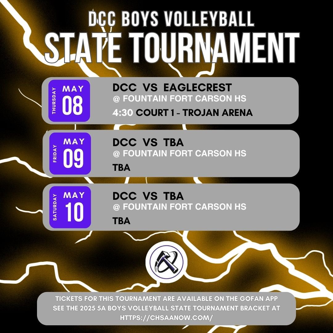 Our team is headed to the STATE TOURNAMENT!! Matches start on Thursday against Eaglecrest HS at the Fountain-Fort Cason Trojan Arena.

Tickets can be purchased on the GoFan app  #RollThunder
<a href="/Kadet_Athletics/">Kadet Athletics</a>
<a href="/LPHS_Rangers/">Ranger Athletics</a>
<a href="/PalmerRidgeAD/">PRAD</a>
<a href="/TCATitans/">The Classical Academy Activities</a>
<a href="/AcademyD20/">Academy District 20</a>