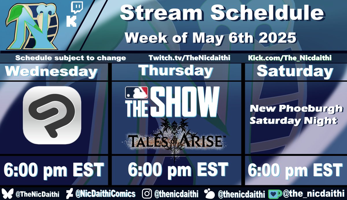 TheNicDaithi's tweet photo. New stream schedule for the week. I'm going to be consistent with a solid streaming schedule moving forward! Drawing, gaming, chatting and everything in between you just have to be there Can't wait to stream! See you there. #Streaming #smallstreamer #artstream #gamerstream https://t.co/fKCN7dMYSd