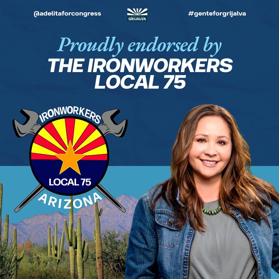 Adelita for Congress (@adelitaforaz) on Twitter photo 🚨 Endorsement Alert! 🚨
Proud to have the support of <a href="/Ironworkers75/">Ironworkers Local 75</a> in our campaign for Arizona’s 7th Congressional District! Together, we're fighting for fair wages, safe conditions, and a stronger future for Arizona workers. 💪🛠️#UnionStrong 🚨 Endorsement Alert! 🚨
Proud to have the support of <a href="/Ironworkers75/">Ironworkers Local 75</a> in our campaign for Arizona’s 7th Congressional District! Together, we're fighting for fair wages, safe conditions, and a stronger future for Arizona workers. 💪🛠️#UnionStrong