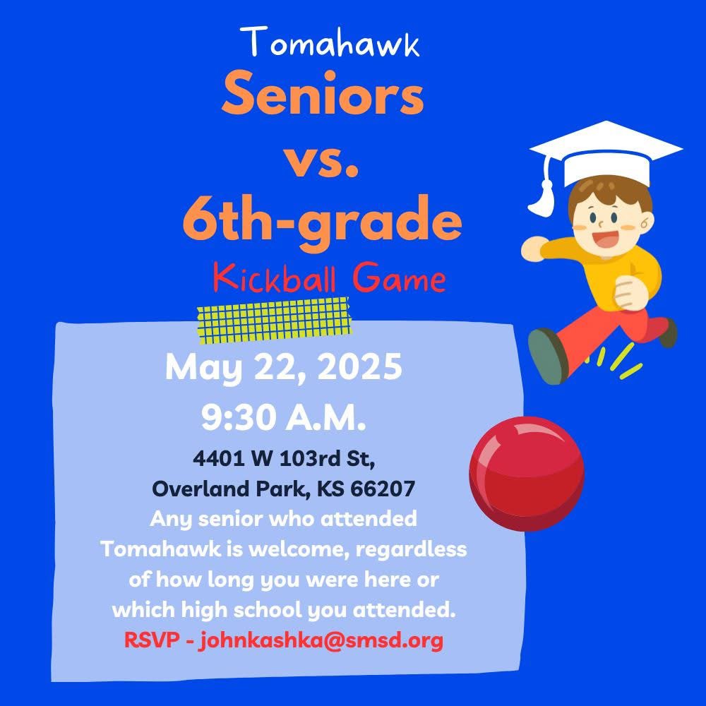 It’s time for our annual kickball game! If you’re currently a senior and attended Tomahawk, we’d love to have you back for one last recess as a Tiger! 🐯 <a href="/SMEastLancers/">SME Lancers</a>