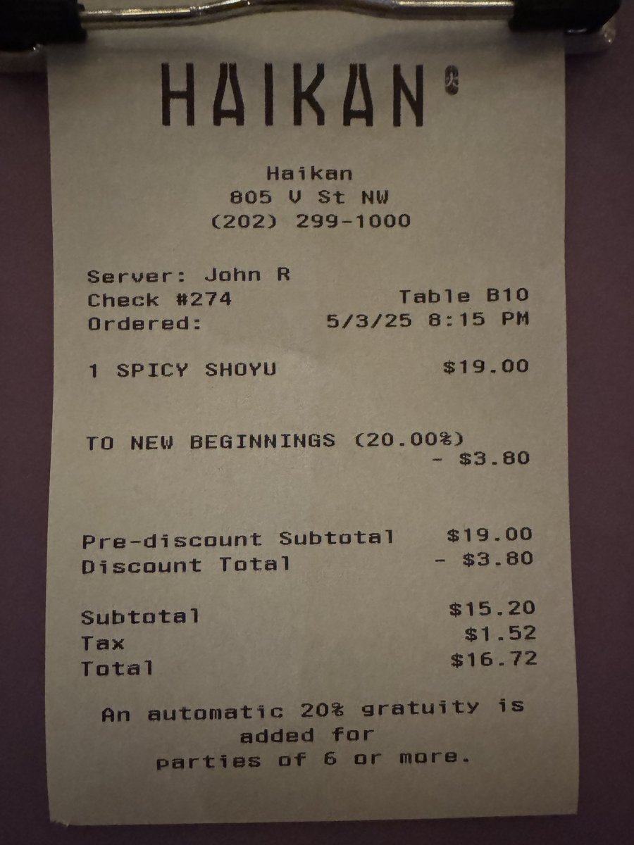 Thank you Haikan; you’ll be missed. Pretty special on their last night, they extended a 20% discount to their customers “To New Beginnings”.