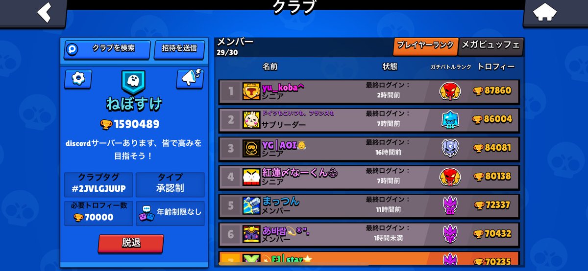 クラブ1枠空いてます、条件トロフィー70k以上、レジェンド2以上、マスターだったら昇格します、来たい方dmまでお願いします🙇‍♀️イベントガチれる人ね！