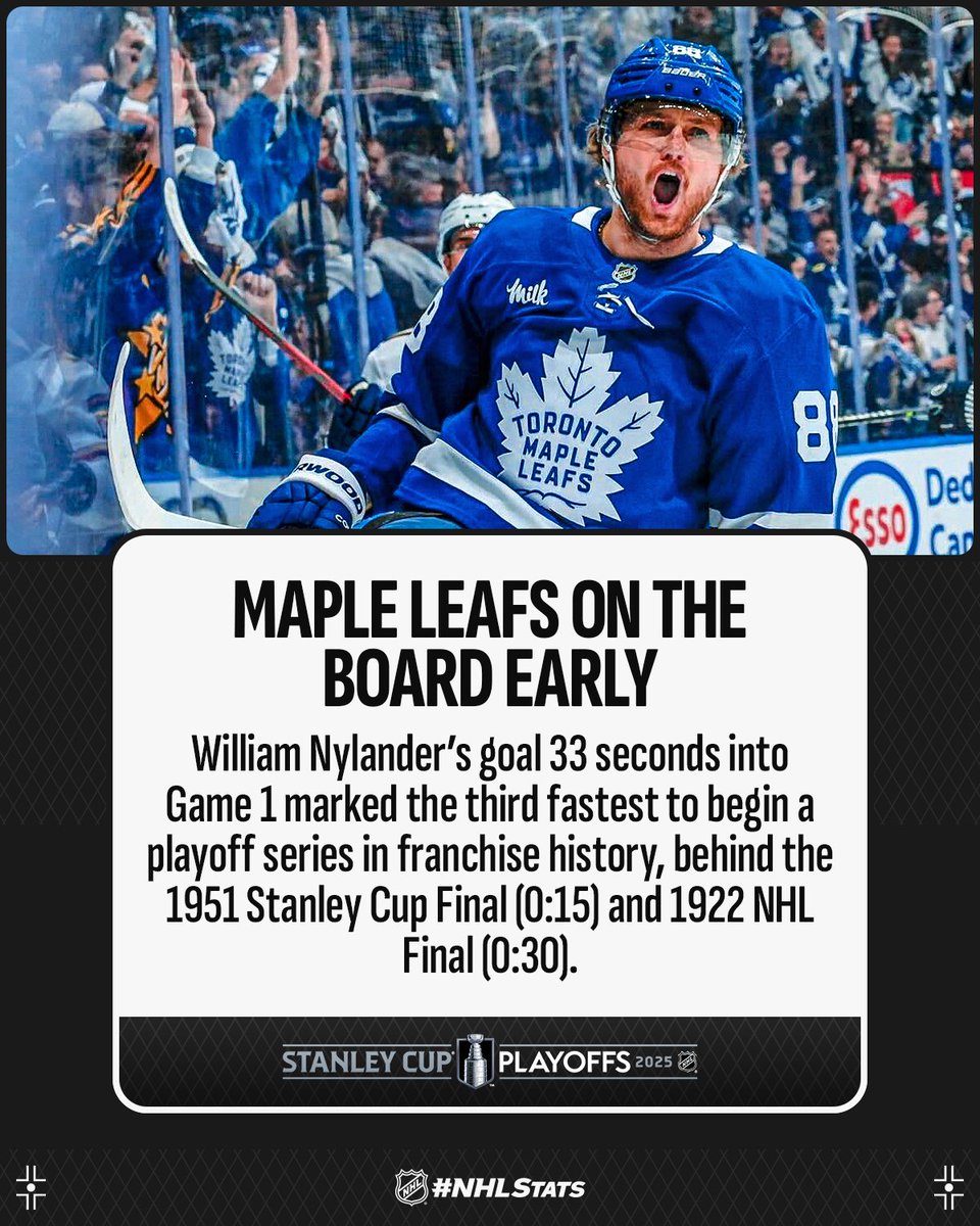 William Nylander (0:33) scored the seventh-fastest game-opening goal in <a href="/MapleLeafs/">Toronto Maple Leafs</a> postseason history and the fastest since Game 3 of the 1987 Division Semifinals. #StanleyCup

#NHLStats: media.nhl.com/public/live-up…

🇺🇸: <a href="/espn/">ESPN</a> ➡️ espn.com/watch
🇨🇦<a href="/Sportsnet/">Sportsnet</a> or stream on