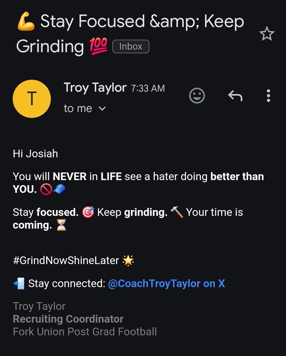 JosiahTillman28's tweet image. I appreciate you coach for sending me this email. I will for sure stay in contact thank you coach @CoachTroyTaylor