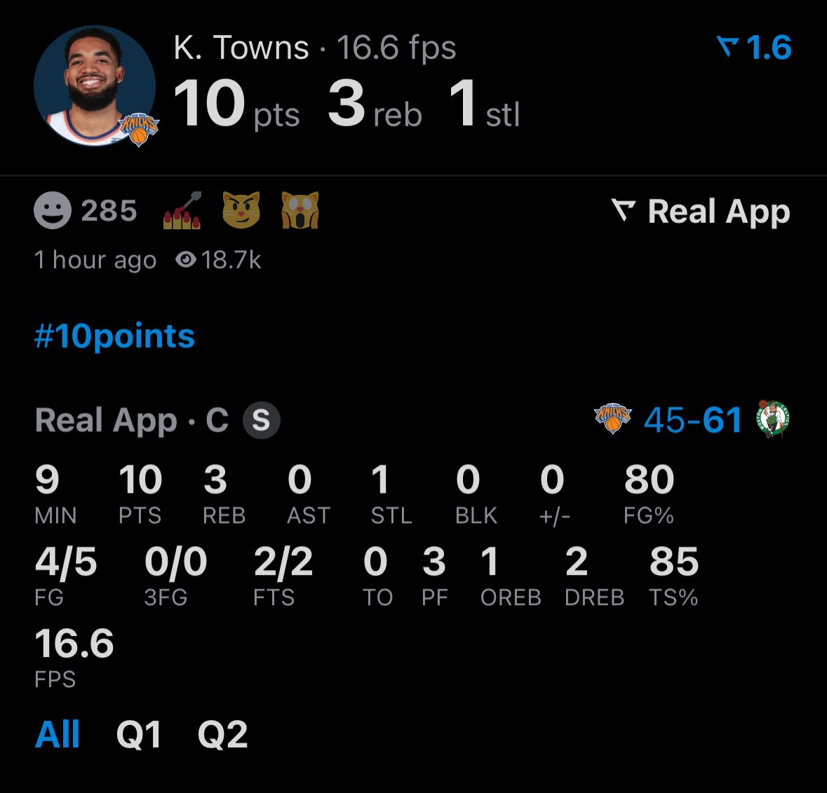 alwaysssaugtss's tweet image. K. Towns came in cooking in just 9 minutes! 🗽

10 PTS 🔥 | 3 REB 🧱 | 1 STL 🛡️
4/5 FG 🎯 | 2/2 FT 💯 | 80 FG% 🚨
85 TS% 🔋 | Quick spark off the bench!

Efficient and aggressive early — making every minute count!

#10points #KATmode #KnicksTape #EfficientHooper