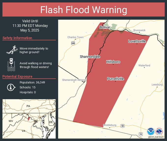 This graphic displays a flash flood warning plotted on a map. The warning is in effect until 11:30 PM EDT. The warning includes Purcellville VA, Shannondale WV and Lovettsville VA.  This warning is for Northwestern Loudoun County in northern Virginia and Southeastern Jefferson County in the panhandle of West Virginia. Avoid walking or driving through flood waters! Move immediately to higher ground! There are 36,349 people in the warning along with 15 schools and 0 hospitals.