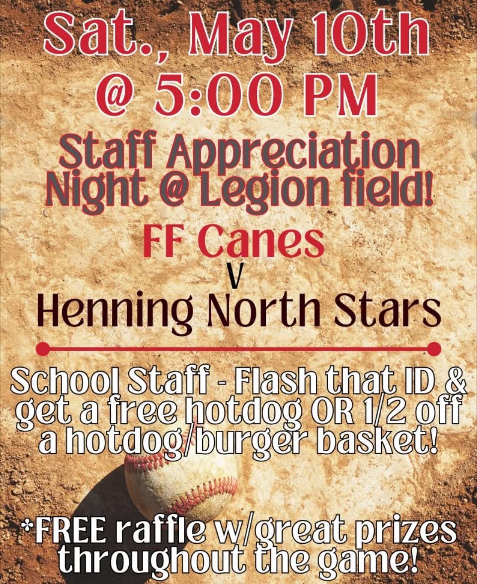 Jennifer Thielke (@jenniferth25745) on Twitter photo <a href="/ferguscanes/">Fergus Falls Hurricanes</a> HOME OPENER v Henning North Stars - Sat., 5/10 @ 5. Staff Appreciation Night - bring those school ID badges! #RollCanes <a href="/ferguscanes/">Fergus Falls Hurricanes</a> HOME OPENER v Henning North Stars - Sat., 5/10 @ 5. Staff Appreciation Night - bring those school ID badges! #RollCanes