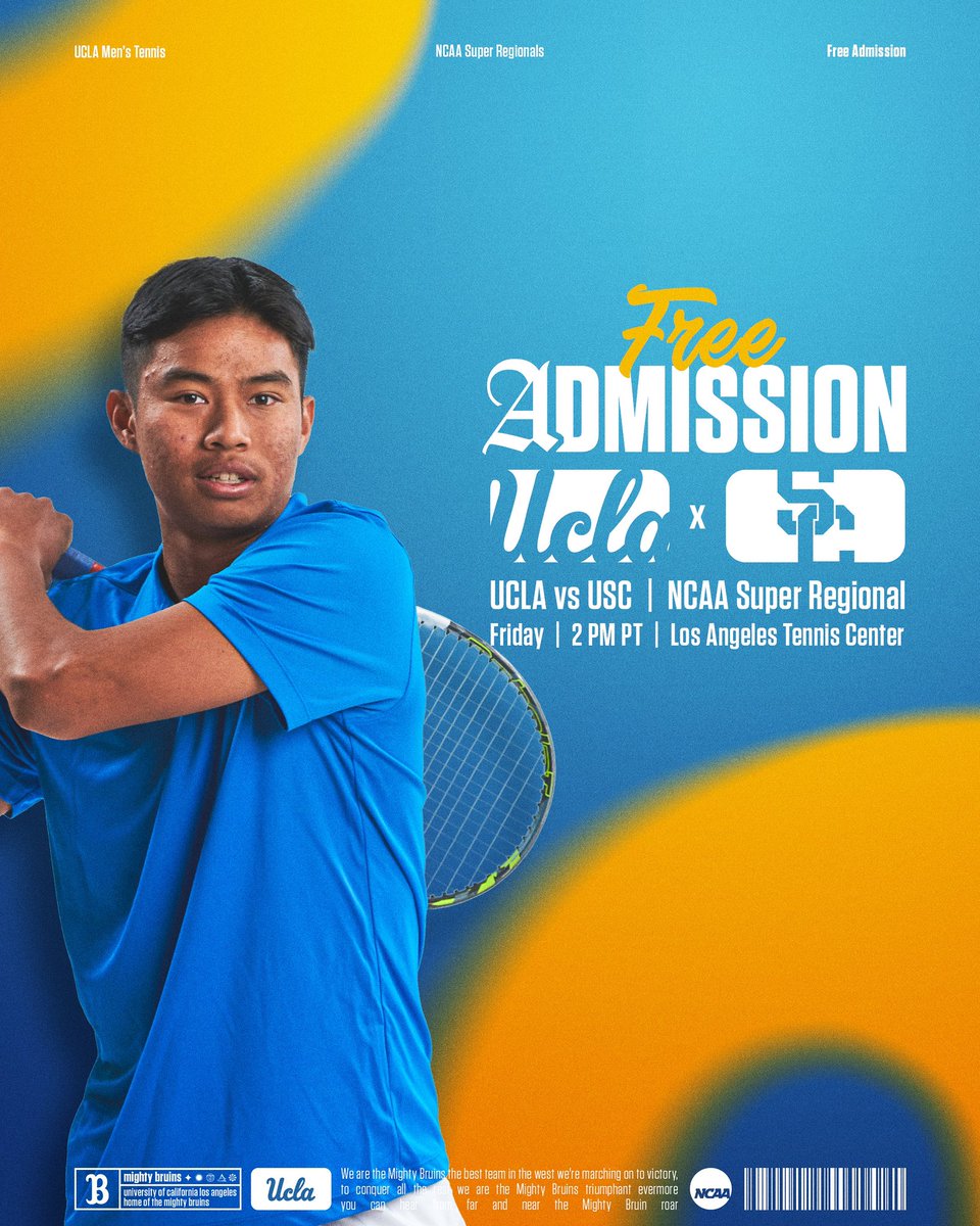 𝗚𝗲𝘁 𝘆𝗼𝘂𝗿 🍿 𝗿𝗲𝗮𝗱𝘆.

Admission to Friday's home #NCAATennis super-regional match is 𝙁𝙍𝙀𝙀!

#GoBruins | #BeatSC