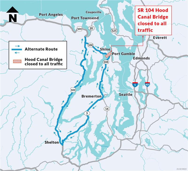 wsdot_tacoma's tweet photo. Update: It will take more time to fix the SR 104 Hood Canal Bridge. It remains closed to vehicle traffic. We expect this to be a lengthy closure. Travelers are advised to use the alternate route around the Hood Canal, or the Port Townsend Ferry @wsferries https://t.co/1I8FiTACHI