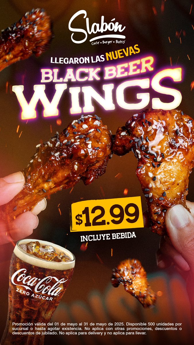 🔥🍗¡Llegaron las 𝐍𝐔𝐄𝐕𝐀𝐒 𝐁𝐥𝐚𝐜𝐤 𝐁𝐞𝐞𝐫 𝐖𝐢𝐧𝐠𝐬! Plato especial de mayo🔝

✨$12.99, incluye soda