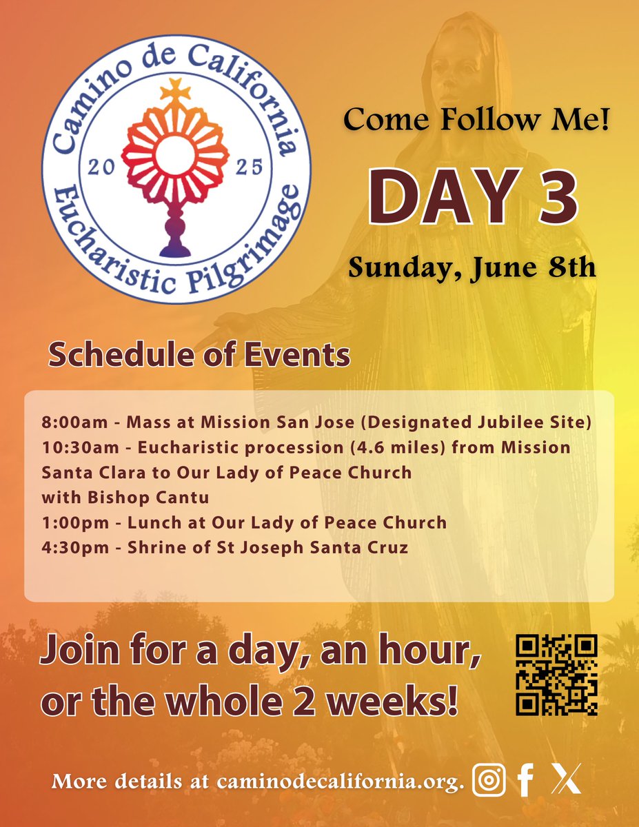 CAMINOdeCA2025's tweet photo. On Pentecost Sunday, join our BIG Eucharistic Procession from Mission Santa Clara to Our Lady of Peace Church as part of Day 3 of the Camino de California Eucharistic Pilgrimage! 🔔 Come Holy Spirit Come! 🔥 https://t.co/MQlhmg7gNB