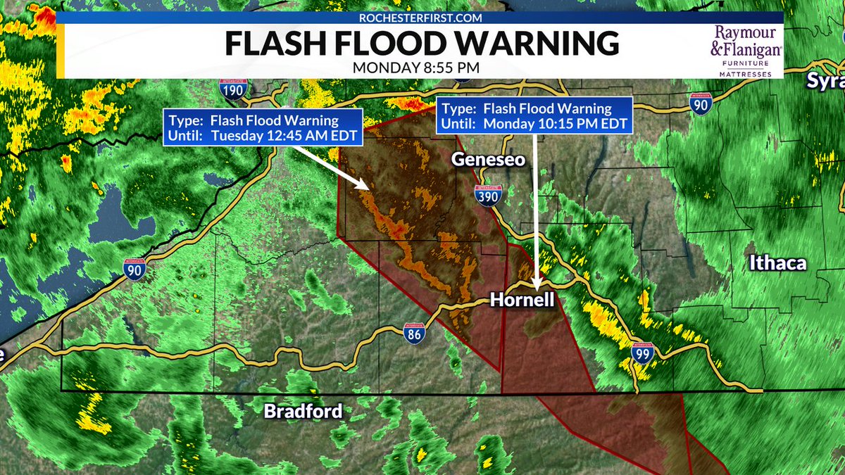 A Flash Flood Warning has been issued for Wyoming, Allegany, Livingston, Genesee, Cattaraugus, Erie until May 06, 2025 12:45AM. If you're in the highlighted area, seek higher ground and never try to cross a flooded roadway!