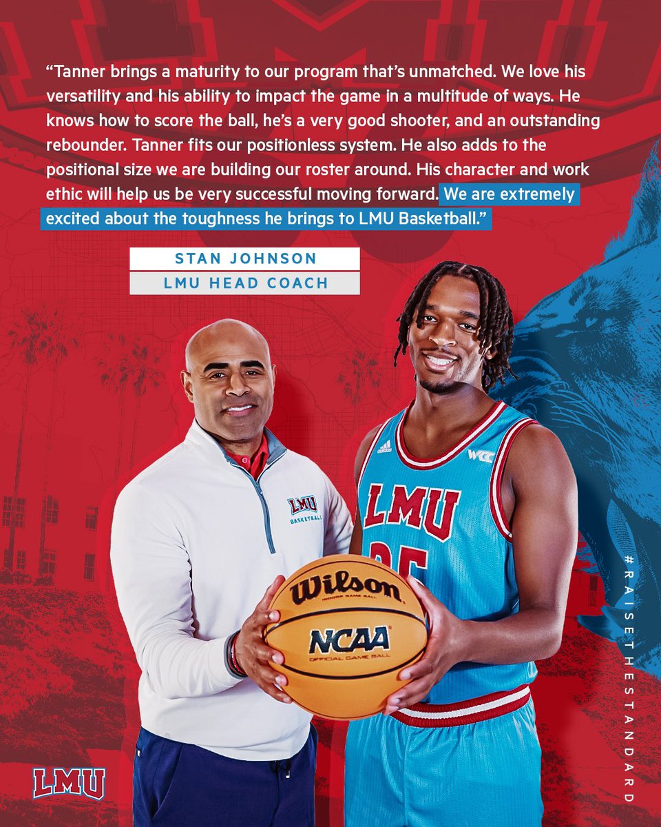 LMU Men's Basketball (@lmulionsmbb) on Twitter photo āTanner brings a maturity to our program thatās unmatched. We love his versatility and his ability to impact the game in a multitude of ways. We are extremely excited about the toughness he brings to LMU Basketball.ā <a href="/LMUCoachJohnson/">Stan Johnson</a> on <a href="/imtannerthomas/">Tanner Thomas</a>
#RaiseTheStandard āTanner brings a maturity to our program thatās unmatched. We love his versatility and his ability to impact the game in a multitude of ways. We are extremely excited about the toughness he brings to LMU Basketball.ā <a href="/LMUCoachJohnson/">Stan Johnson</a> on <a href="/imtannerthomas/">Tanner Thomas</a>
#RaiseTheStandard